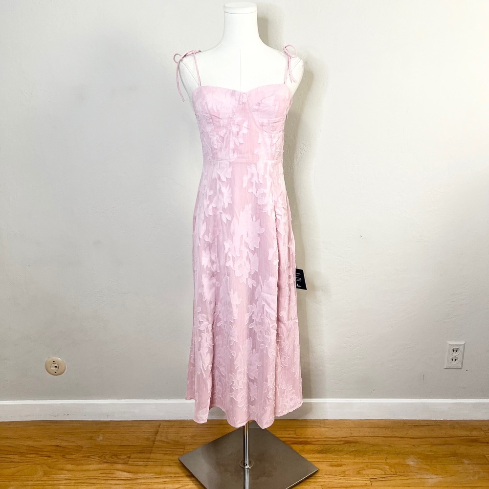 Lulus Dress Loveliest Looks Size Small Pink Floral Jacquard Midi Tie Strap New